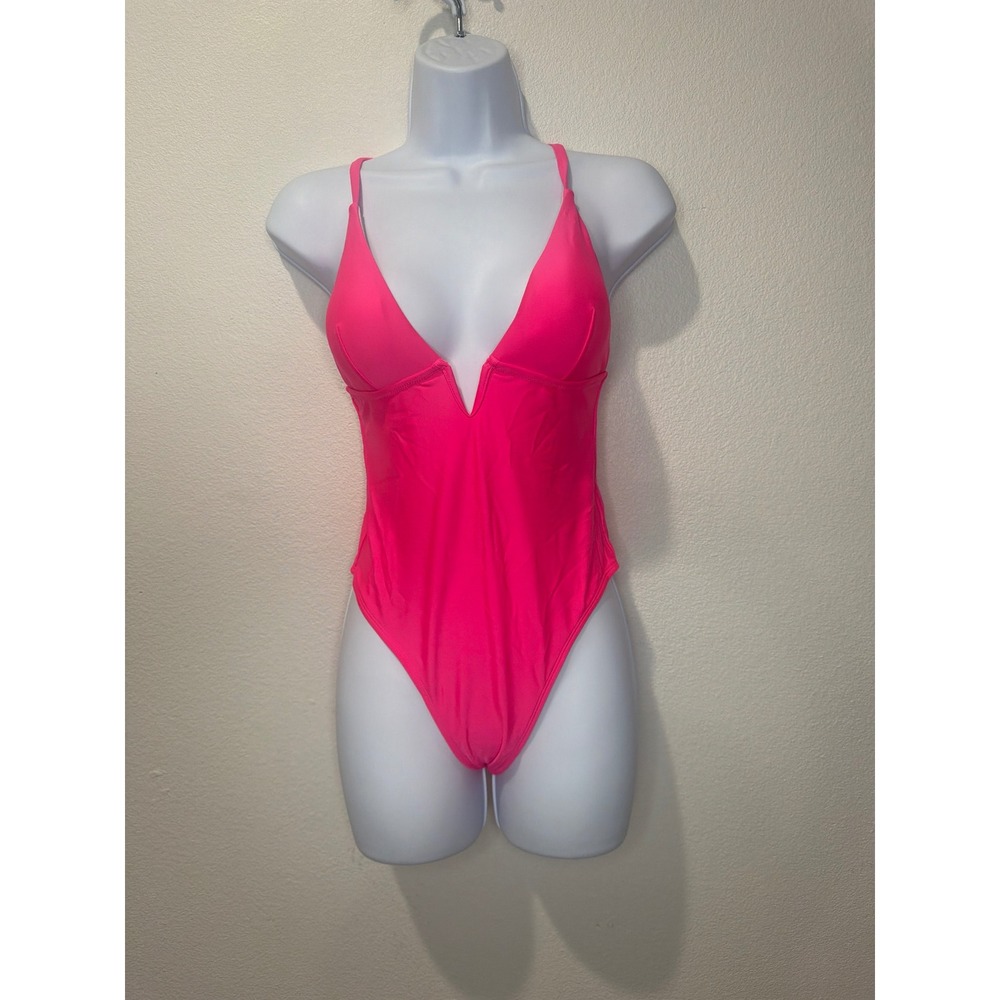 Cupshe Women Neon Hot Pink Deep‎ V-Neck Cross Back One Piece Swimsuit Size S